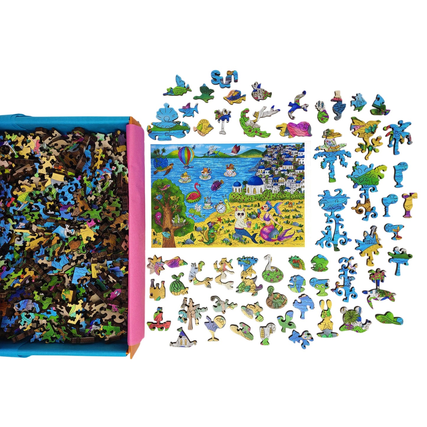 Wooden Jigsaw Puzzle for Adults - Uniquely Shaped Pieces - 480 Pieces - A Sunny Day in Santorini