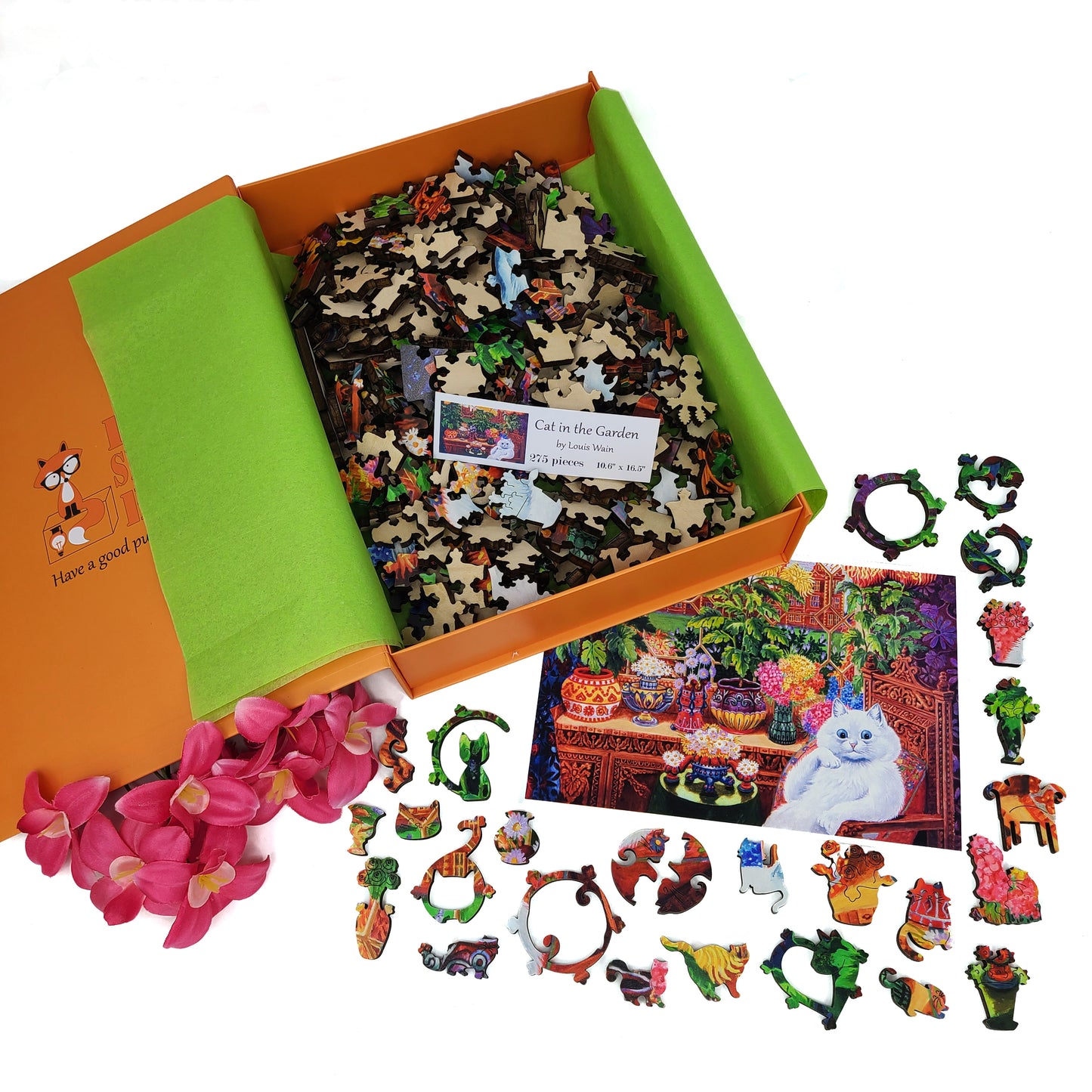 Wooden Jigsaw Puzzle with Uniquely Shaped Pieces for Adults - 275 Pieces - Cat in the Garden