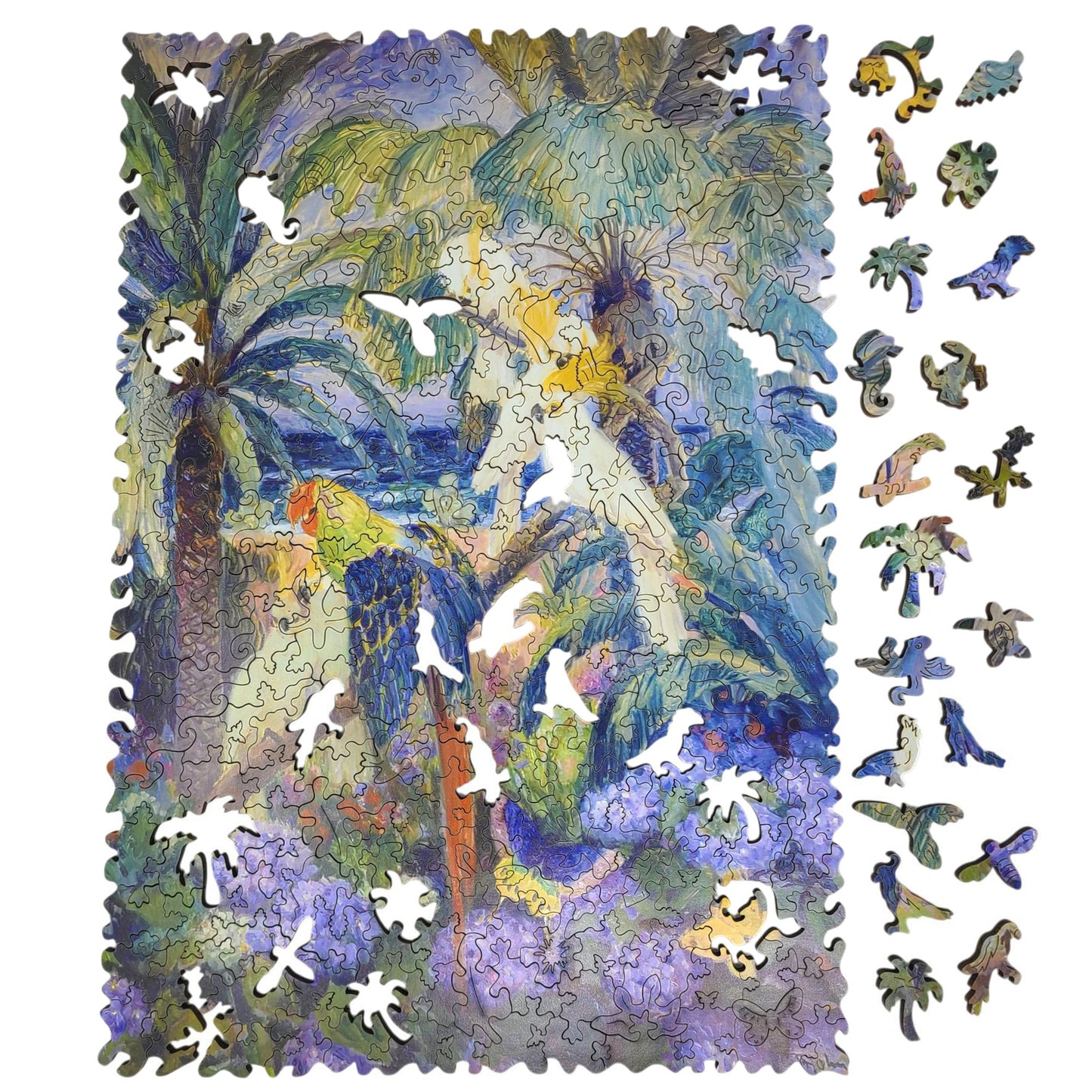 Wooden Jigsaw Puzzle for Adults - Uniquely Shaped Pieces - 310 Pieces - Tropical Landscape with Parrots