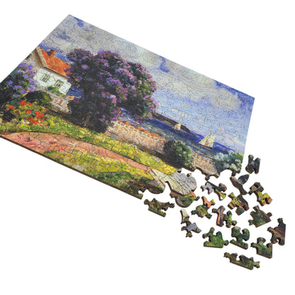 Large Format Wooden Jigsaw Puzzle with Uniquely Shaped Pieces for Seniors and Adults - 215 Pieces - Coast landscape with blossoming lilac bush
