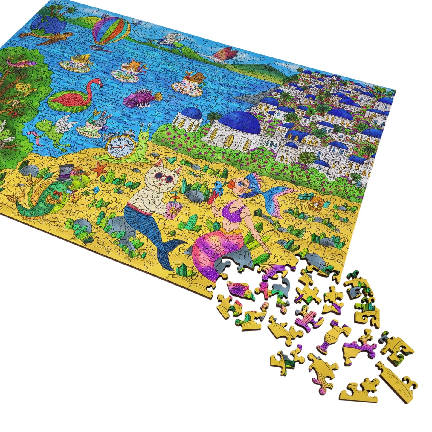 Wooden Jigsaw Puzzle for Adults - Uniquely Shaped Pieces - 480 Pieces - A Sunny Day in Santorini