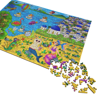 Wooden Jigsaw Puzzle for Adults - Uniquely Shaped Pieces - 480 Pieces - A Sunny Day in Santorini