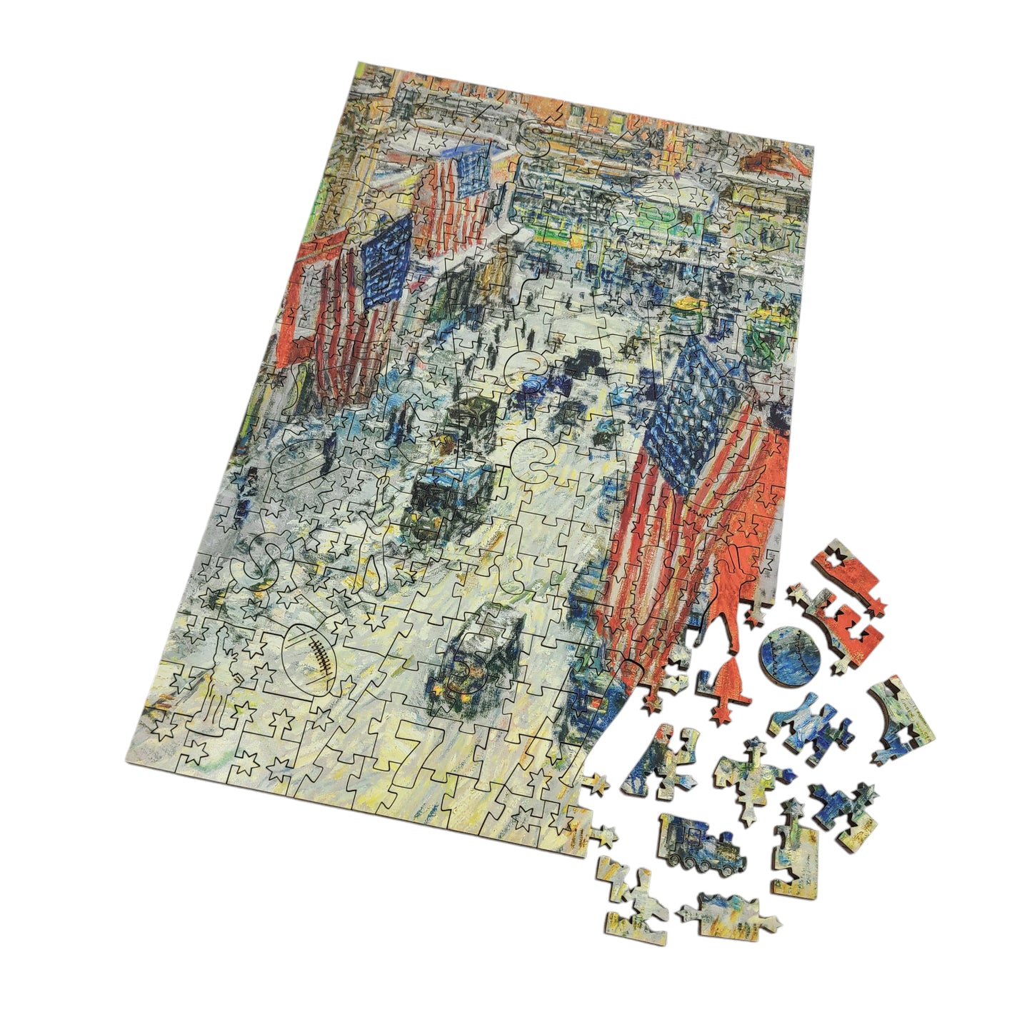 Large Format Wooden Jigsaw Puzzle with Uniquely Shaped Pieces for Seniors and Adults - 215 Pieces - Flags on 57th Street, Winter