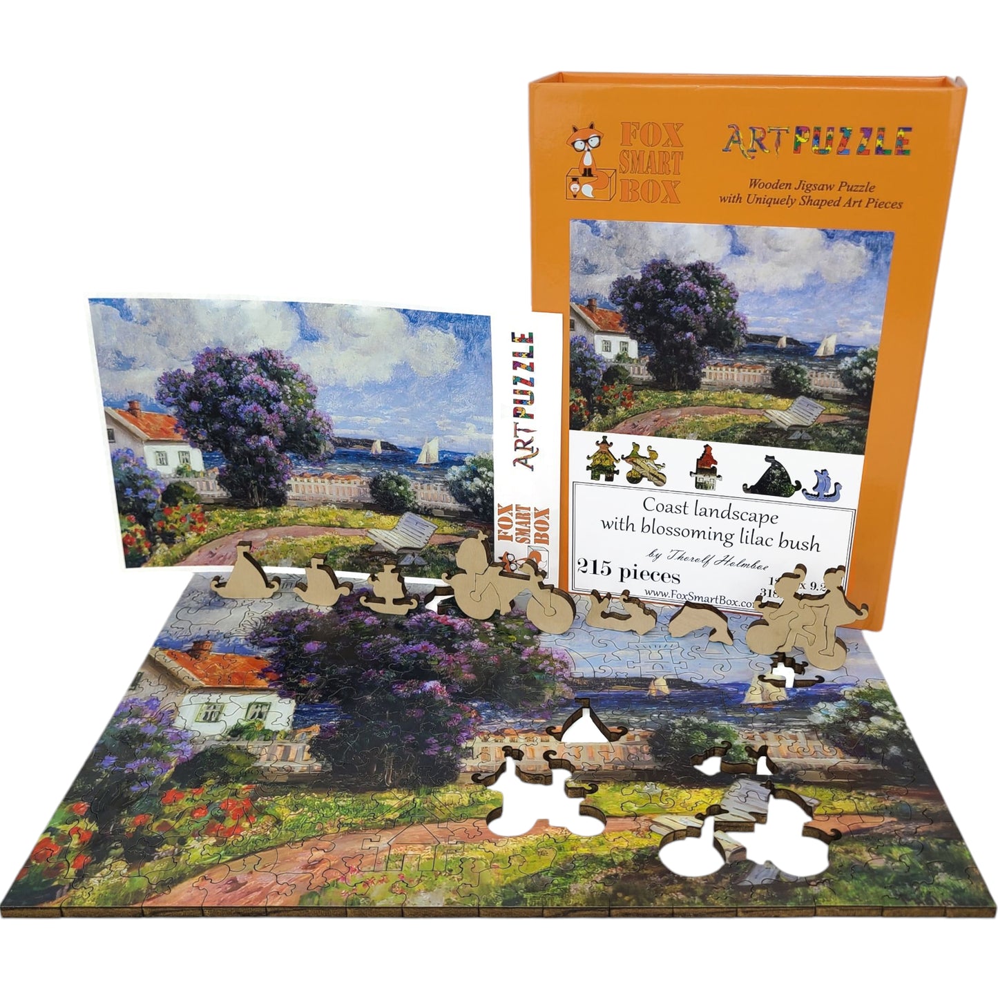 Large Format Wooden Jigsaw Puzzle with Uniquely Shaped Pieces for Seniors and Adults - 215 Pieces - Coast landscape with blossoming lilac bush