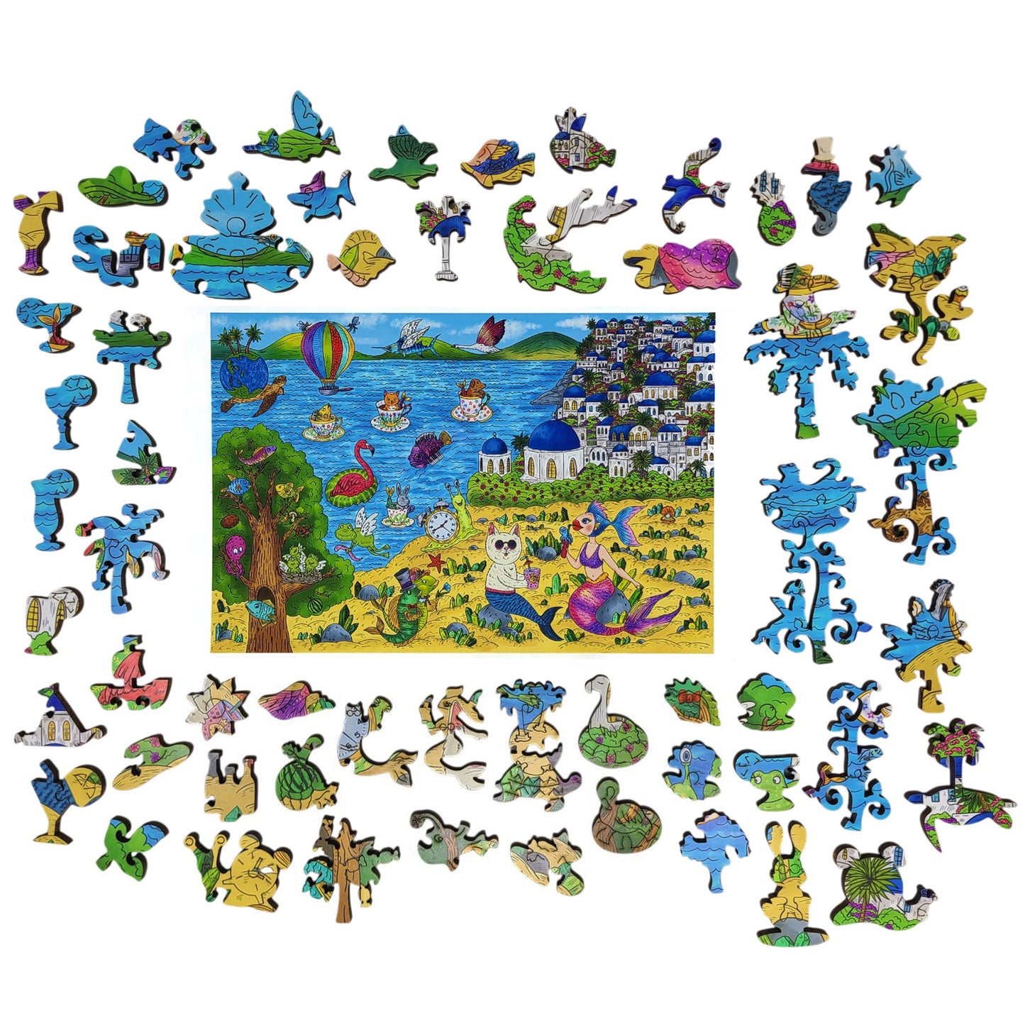 Wooden Jigsaw Puzzle for Adults - Uniquely Shaped Pieces - 480 Pieces - A Sunny Day in Santorini