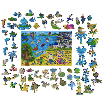 Wooden Jigsaw Puzzle for Adults - Uniquely Shaped Pieces - 480 Pieces - A Sunny Day in Santorini