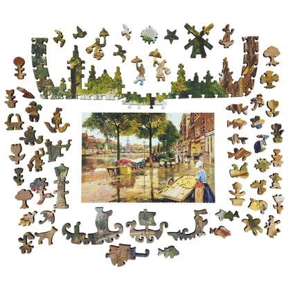 Wooden Jigsaw Puzzle for Adults - Uniquely Shaped Pieces - 465 Pieces - Flower Market in Amsterdam