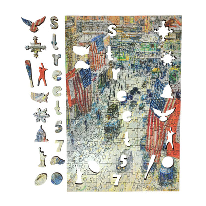Large Format Wooden Jigsaw Puzzle with Uniquely Shaped Pieces for Seniors and Adults - 215 Pieces - Flags on 57th Street, Winter