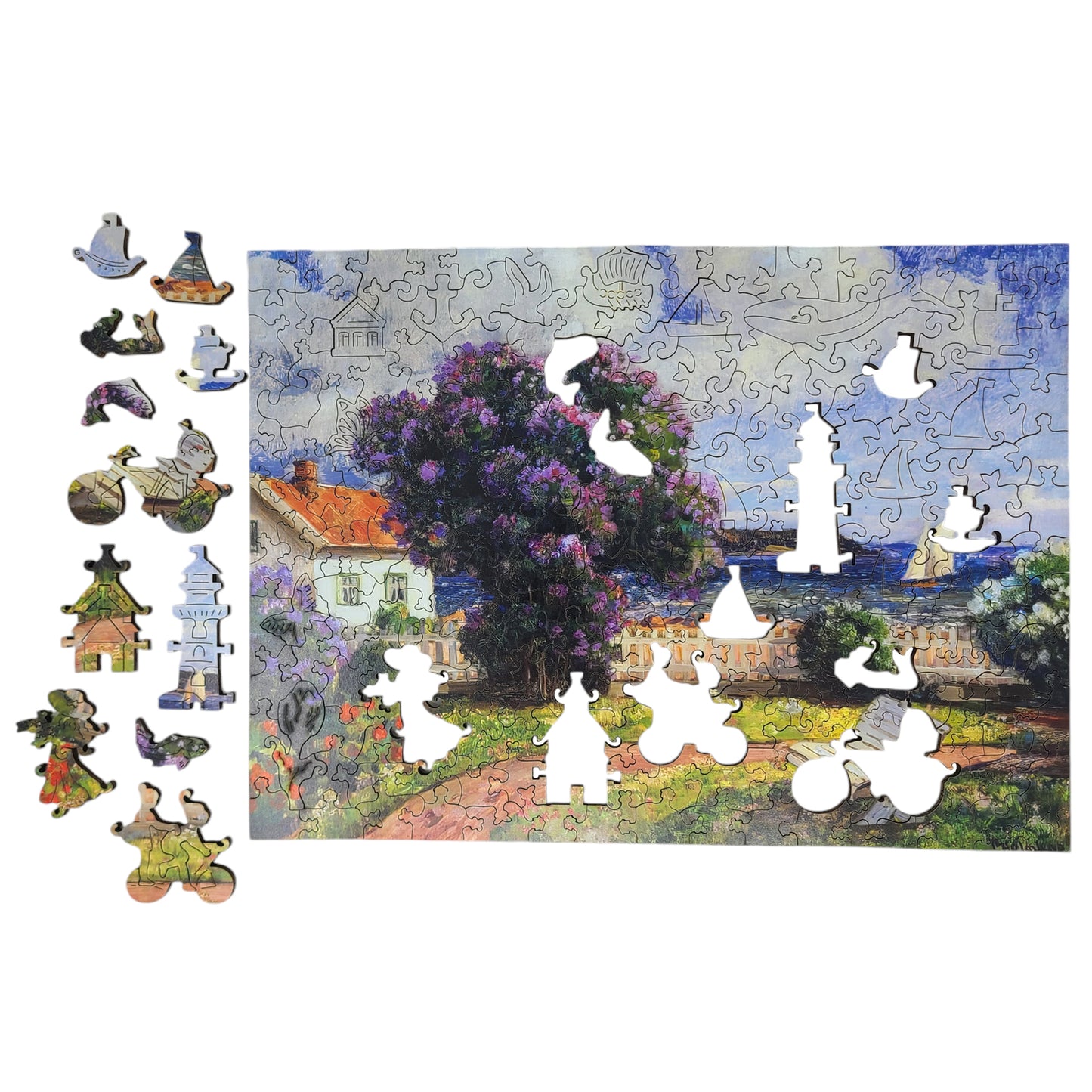 Large Format Wooden Jigsaw Puzzle with Uniquely Shaped Pieces for Seniors and Adults - 215 Pieces - Coast landscape with blossoming lilac bush
