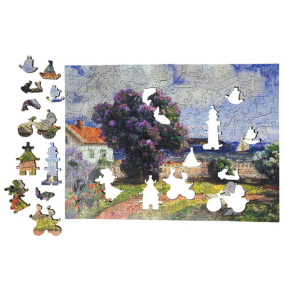 Large Format Wooden Jigsaw Puzzle with Uniquely Shaped Pieces for Seniors and Adults - 215 Pieces - Coast landscape with blossoming lilac bush