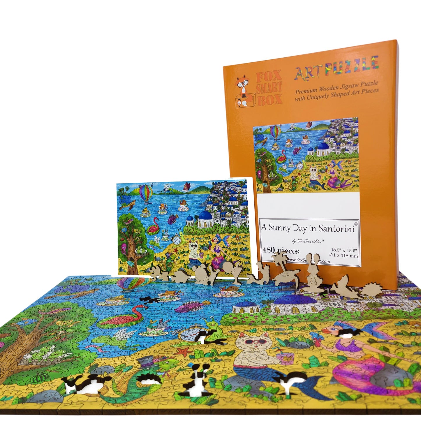 Wooden Jigsaw Puzzle for Adults - Uniquely Shaped Pieces - 480 Pieces - A Sunny Day in Santorini