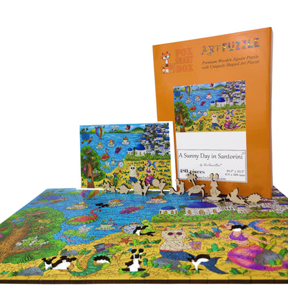 Wooden Jigsaw Puzzle for Adults - Uniquely Shaped Pieces - 480 Pieces - A Sunny Day in Santorini