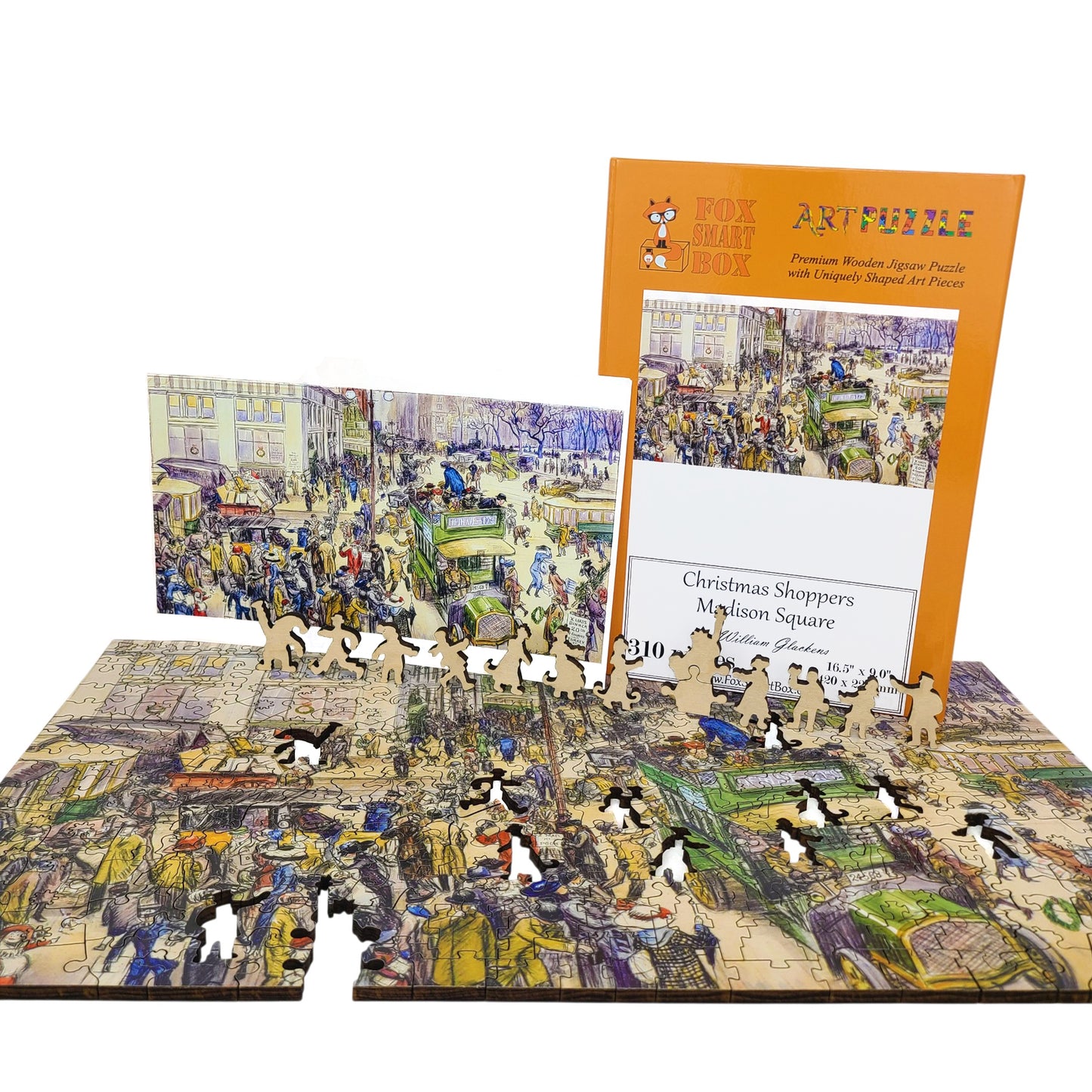 Wooden Jigsaw Puzzle for Adults - Uniquely Shaped Pieces - 310 Pieces - Christmas Shoppers, Madison Square