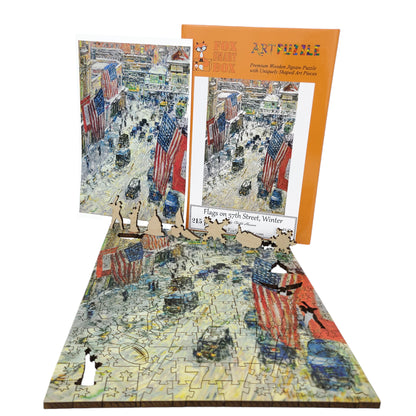 Large Format Wooden Jigsaw Puzzle with Uniquely Shaped Pieces for Seniors and Adults - 215 Pieces - Flags on 57th Street, Winter