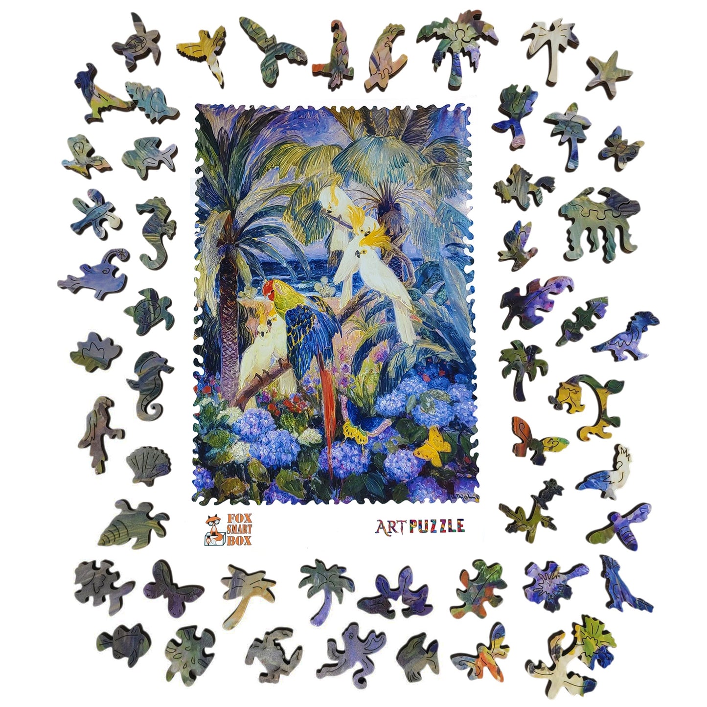 Wooden Jigsaw Puzzle for Adults - Uniquely Shaped Pieces - 310 Pieces - Tropical Landscape with Parrots