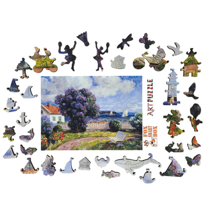 Large Format Wooden Jigsaw Puzzle with Uniquely Shaped Pieces for Seniors and Adults - 215 Pieces - Coast landscape with blossoming lilac bush