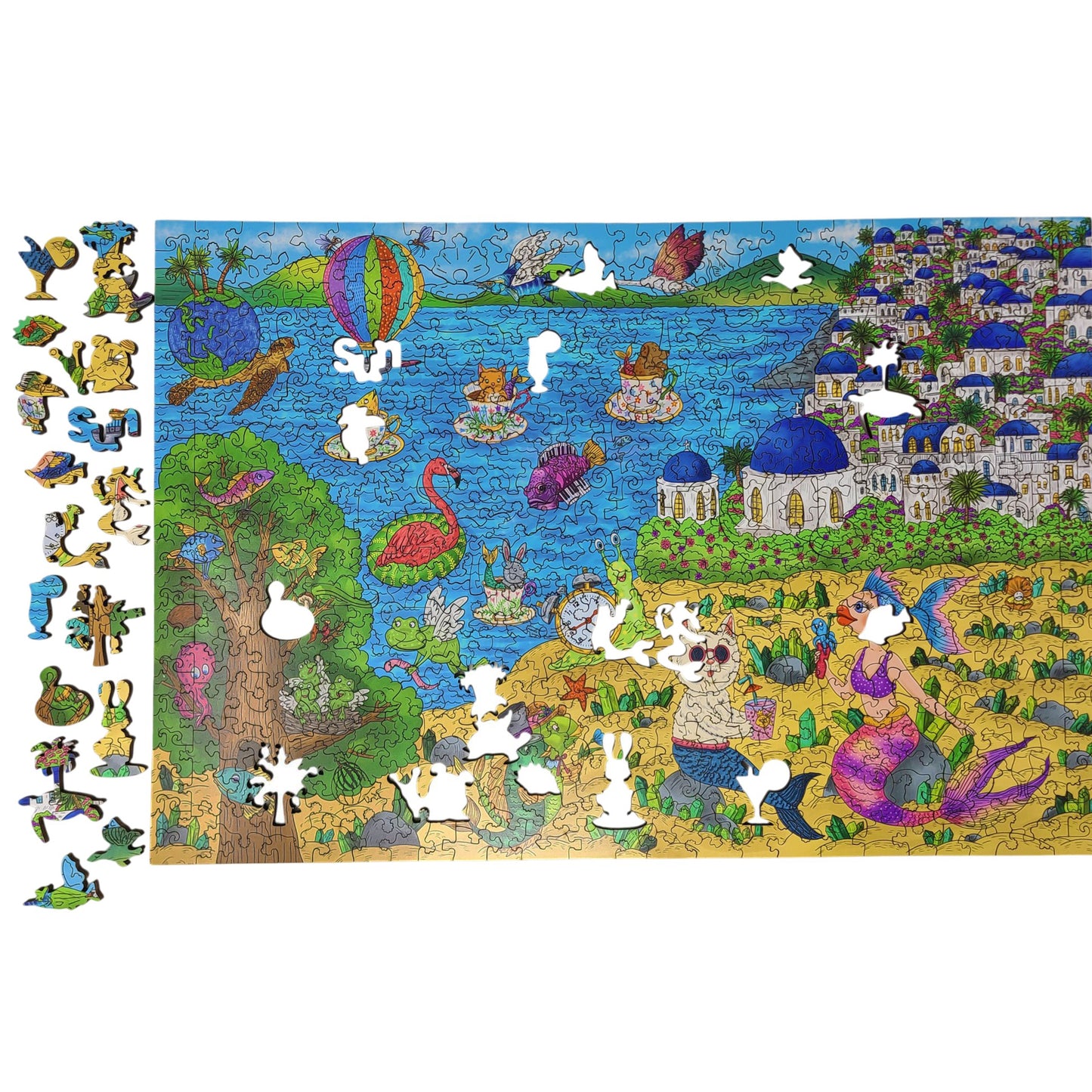 Wooden Jigsaw Puzzle for Adults - Uniquely Shaped Pieces - 480 Pieces - A Sunny Day in Santorini