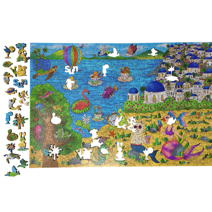 Wooden Jigsaw Puzzle for Adults - Uniquely Shaped Pieces - 480 Pieces - A Sunny Day in Santorini