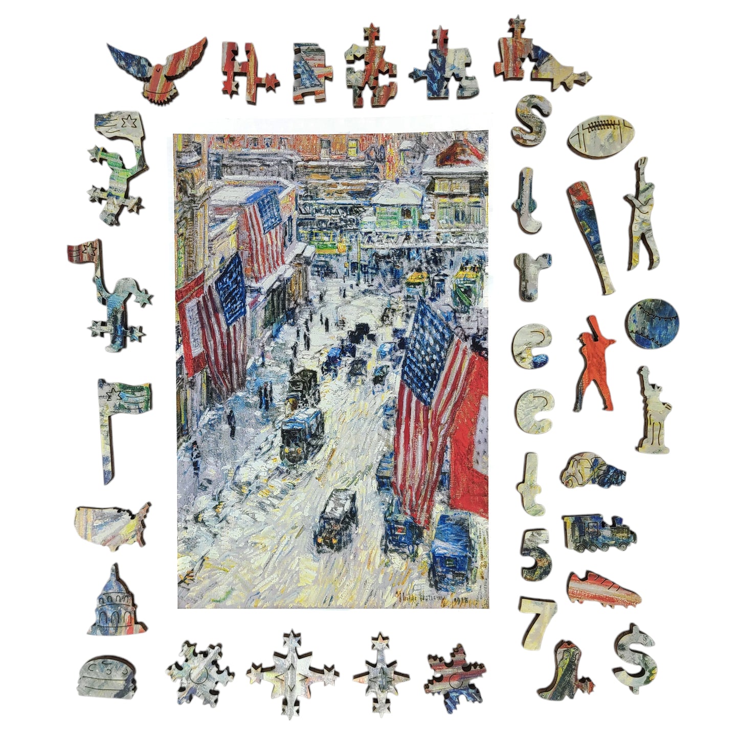 Large Format Wooden Jigsaw Puzzle with Uniquely Shaped Pieces for Seniors and Adults - 215 Pieces - Flags on 57th Street, Winter