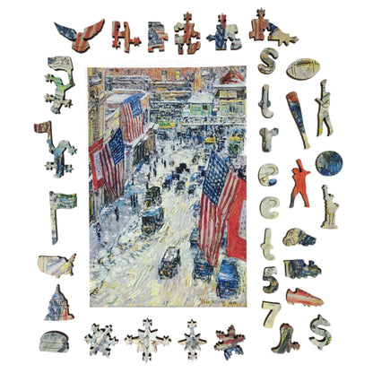 Large Format Wooden Jigsaw Puzzle with Uniquely Shaped Pieces for Seniors and Adults - 215 Pieces - Flags on 57th Street, Winter