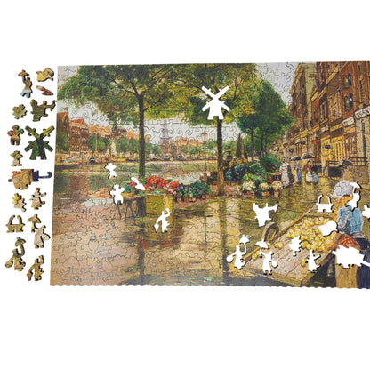Wooden Jigsaw Puzzle for Adults - Uniquely Shaped Pieces - 465 Pieces - Flower Market in Amsterdam