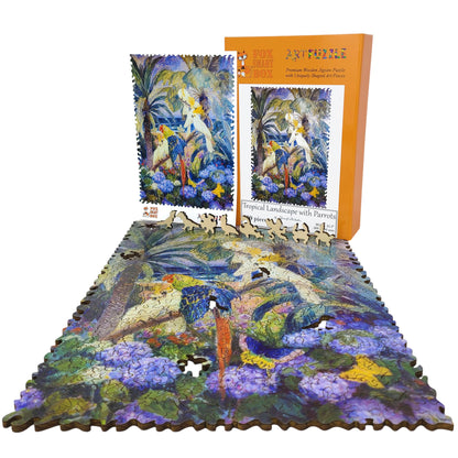 Wooden Jigsaw Puzzle for Adults - Uniquely Shaped Pieces - 310 Pieces - Tropical Landscape with Parrots