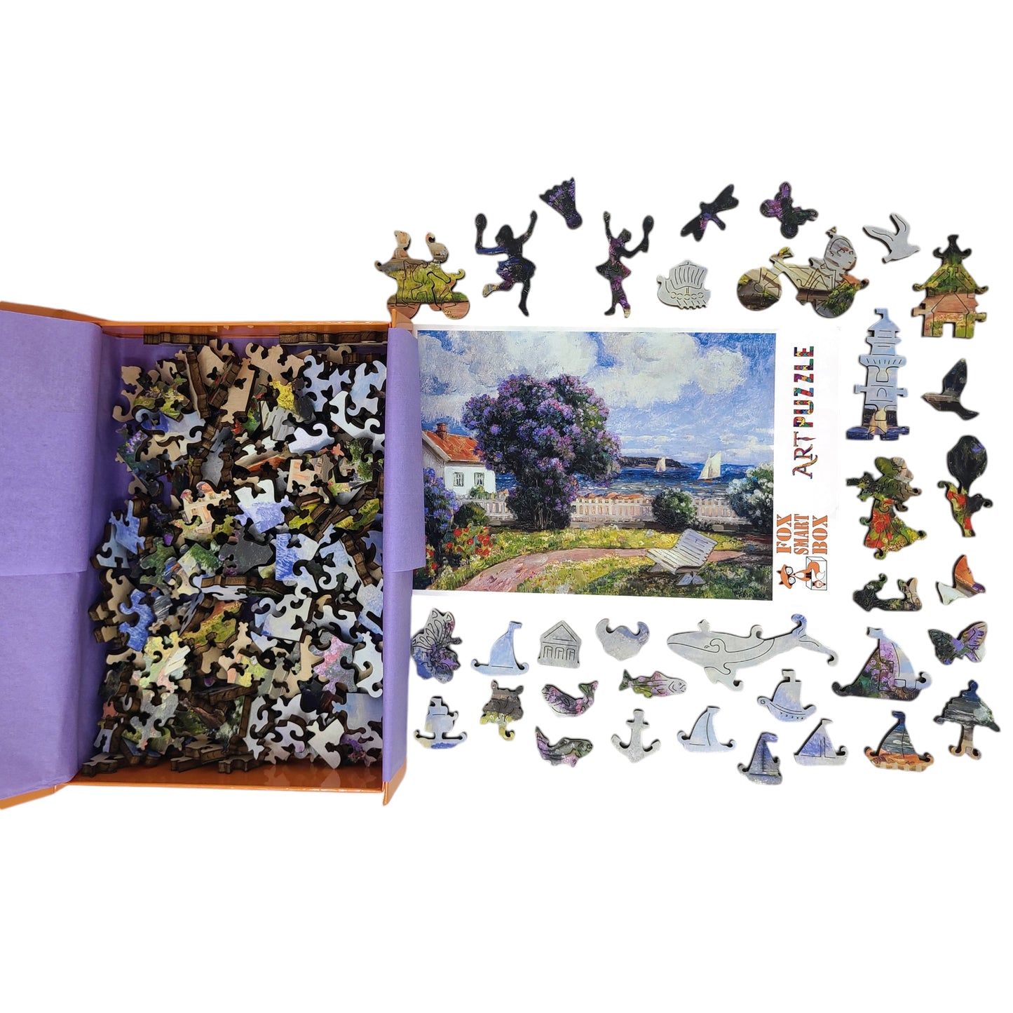 Large Format Wooden Jigsaw Puzzle with Uniquely Shaped Pieces for Seniors and Adults - 215 Pieces - Coast landscape with blossoming lilac bush