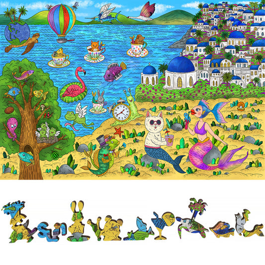 Wooden Jigsaw Puzzle for Adults - Uniquely Shaped Pieces - 480 Pieces - A Sunny Day in Santorini