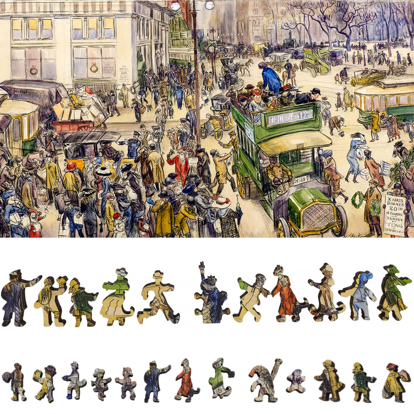 Wooden Jigsaw Puzzle for Adults - Uniquely Shaped Pieces - 310 Pieces - Christmas Shoppers, Madison Square