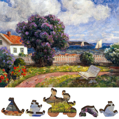 Large Format Wooden Jigsaw Puzzle with Uniquely Shaped Pieces for Seniors and Adults - 215 Pieces - Coast landscape with blossoming lilac bush