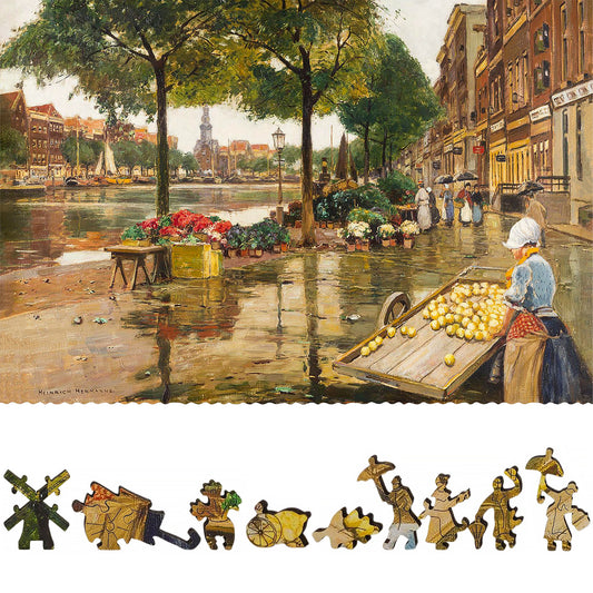 Wooden Jigsaw Puzzle for Adults - Uniquely Shaped Pieces - 465 Pieces - Flower Market in Amsterdam