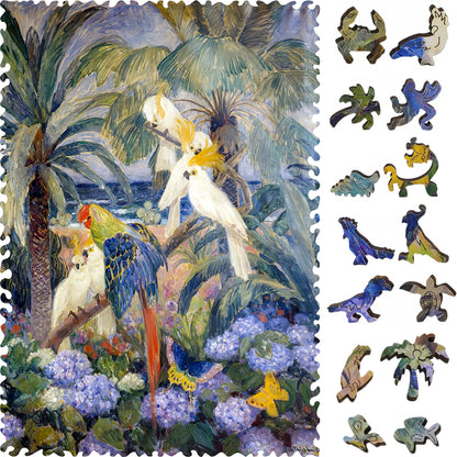 Wooden Jigsaw Puzzle for Adults - Uniquely Shaped Pieces - 310 Pieces - Tropical Landscape with Parrots